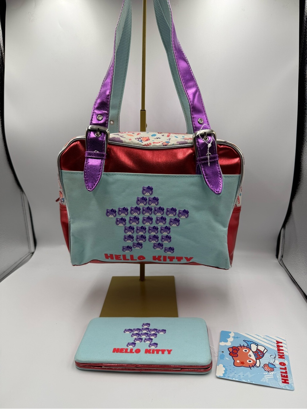 ⁠Vintage 2008 Hello Kitty Shoulder Bag & Wallet Set Blue Red Metallic Y2K NWT⁠